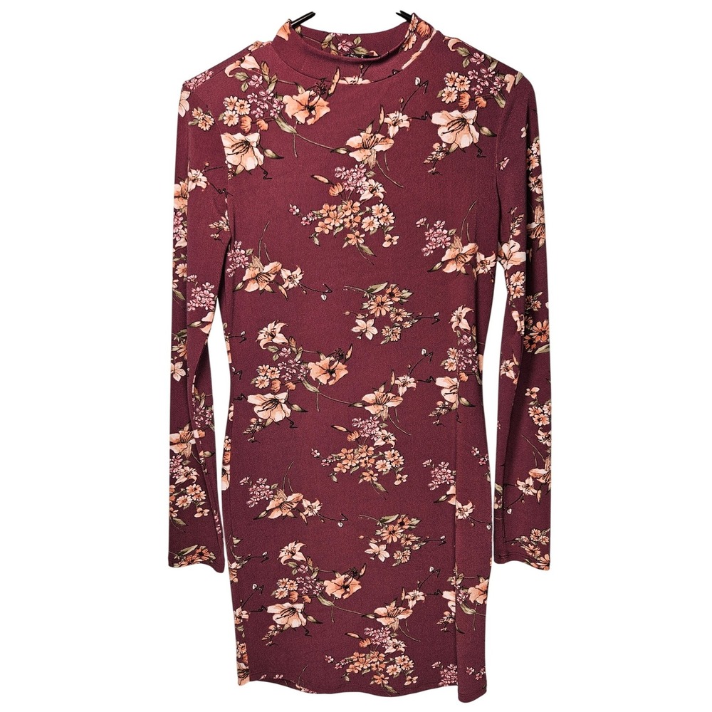 Forever 21 Womens Burgundy Floral Mock Neck‎ Long Sleeve Bodycon Mini Dress M